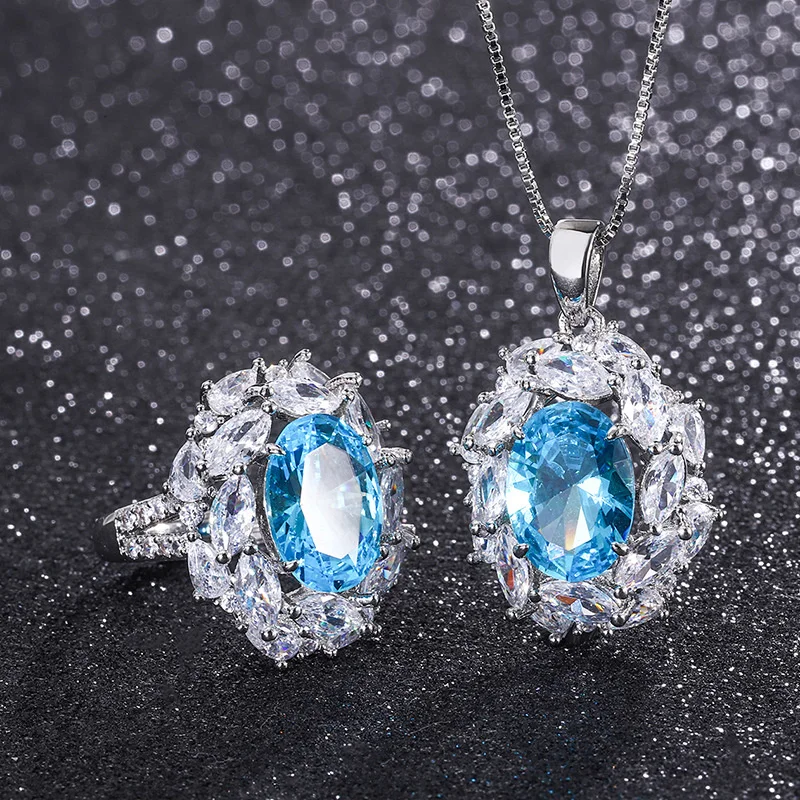

Bella Box Blue Topaz With Zircon Jewelry Set 925 Sterling Silver Luxury Geometric 10*14mm Wedding Engagement Party Fine Jewelry