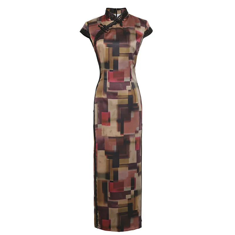 

New Cheongsam Simulation Silk High-End Retro Plaid Chinese Style Silk Dress Lace Wide Skirt Traditional Chinese Women Long Dress