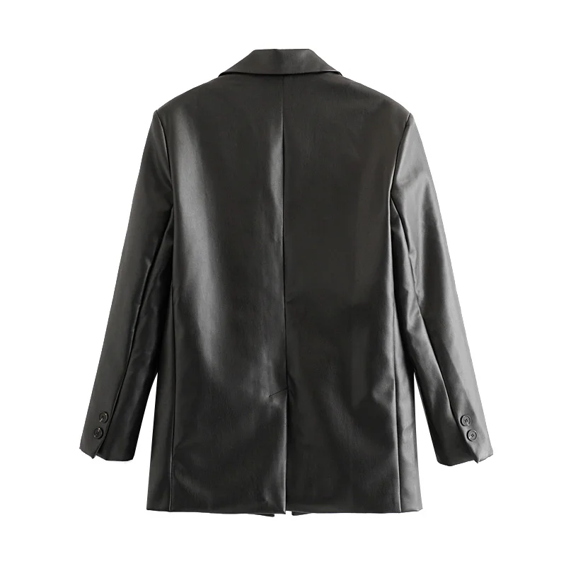 

Women 2021 Fashion PU Faux Leather Loose Blazer Coat Vintage Pockets Long Sleeve Back Vents Female Outerwear Chic Tops