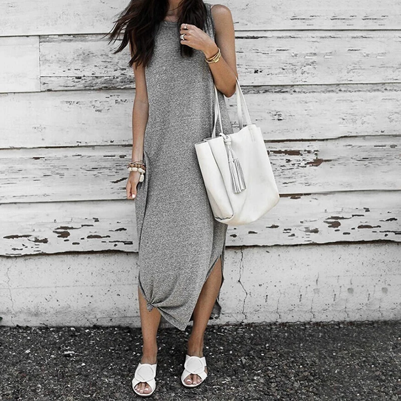 

2021 Women Summer Dress Fashion Vintage Solid Party Dress Casual O-Neck Loose Women Dress Ropa Mujer