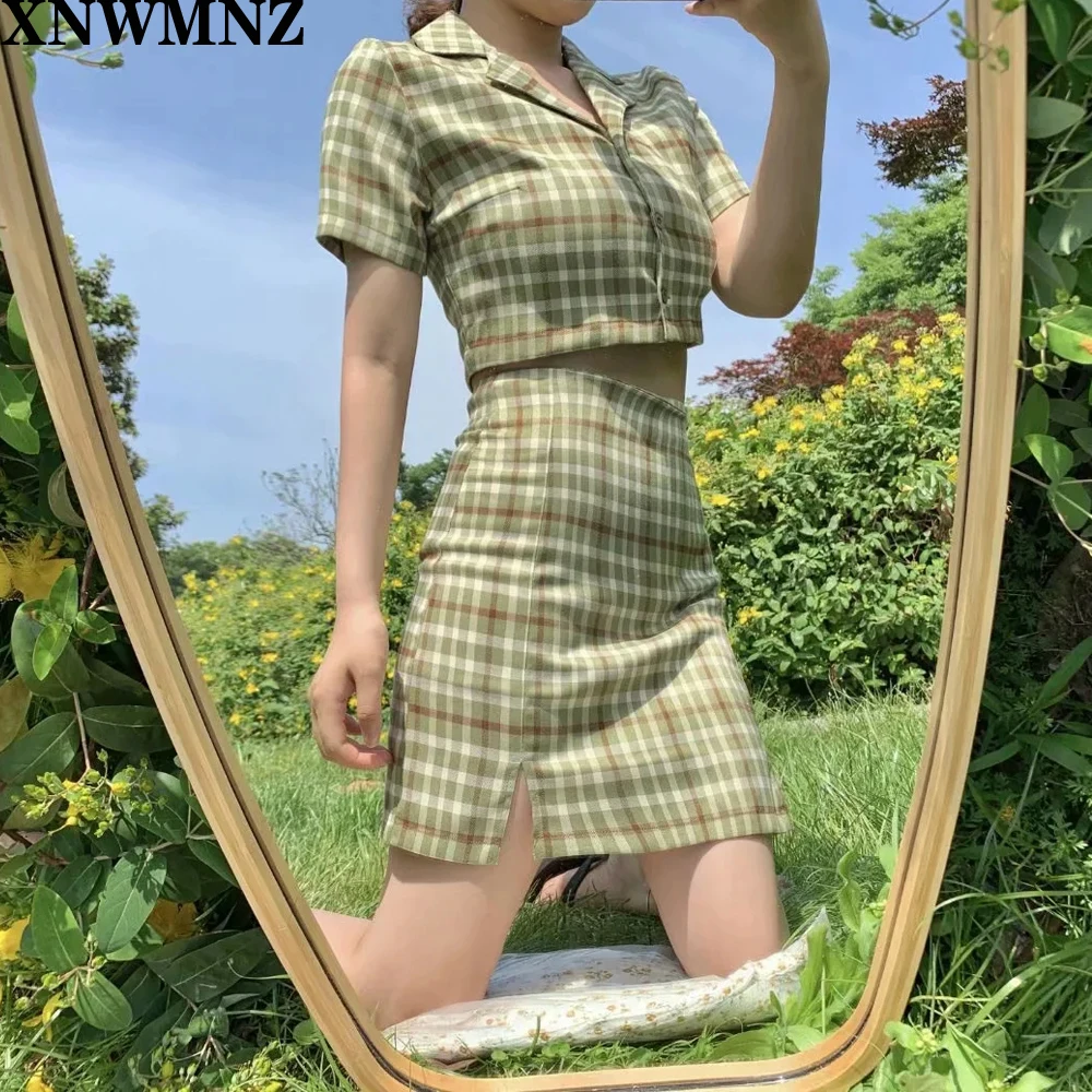 

XNWMNZ Plaid Summer blouse women vintage crop shirt streetwear plaid ladies tops elegant button up shirt korean crop top 2020 za