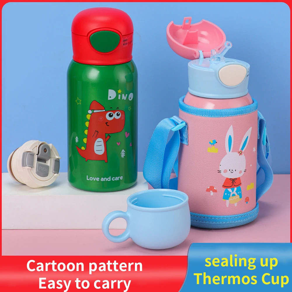 

550ml Kids Stainless Steel Straw Thermos Mug With Bag Cartoon Leak-Proof Vacuum Flask Children Thermal Water Bottle For School