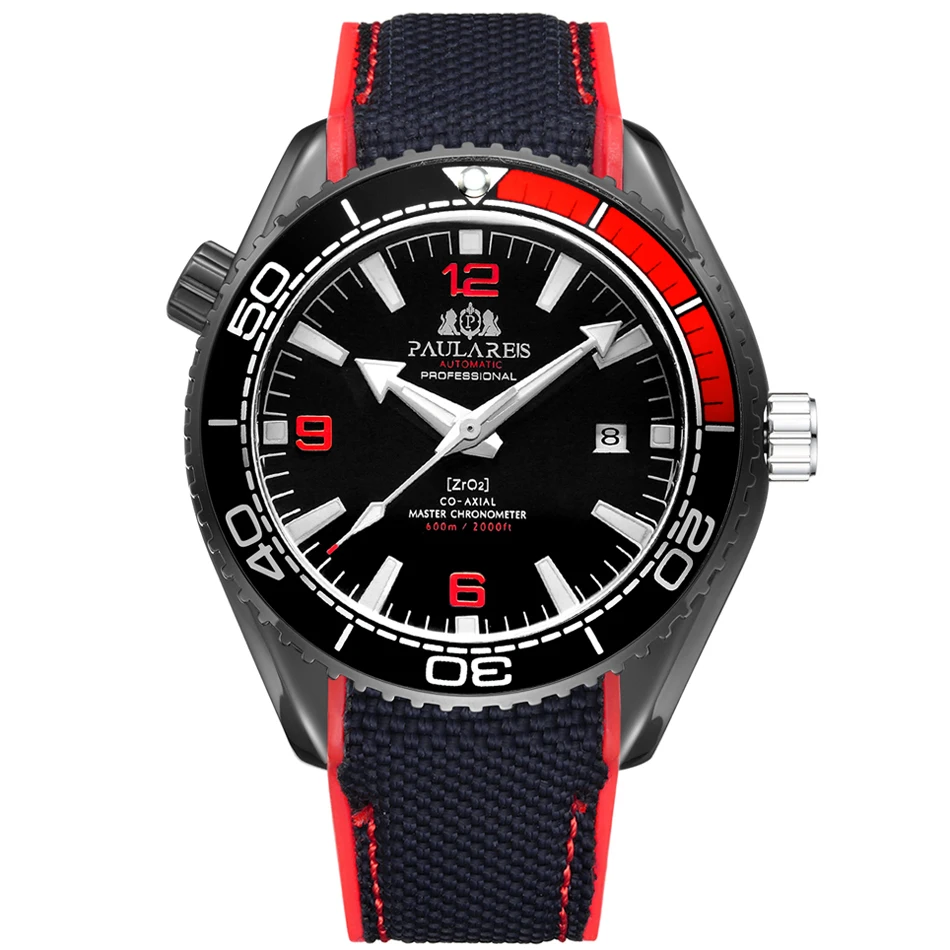 Black Red Black Мужские автоматические механические холщовые часы с резиновым ремешком James Bond 007, стильные оранжевые, синие, красные классические часы с вращающейся рамкой - Цвет: Black Red Black