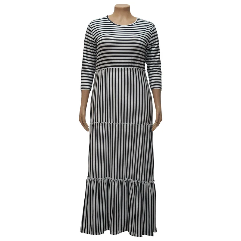 

L-4XL Stripes Fashion African Dress Women Long Dresses 2020 Fall Casual Maxi Vestido Robe Black Red Blue Oversize High Waist