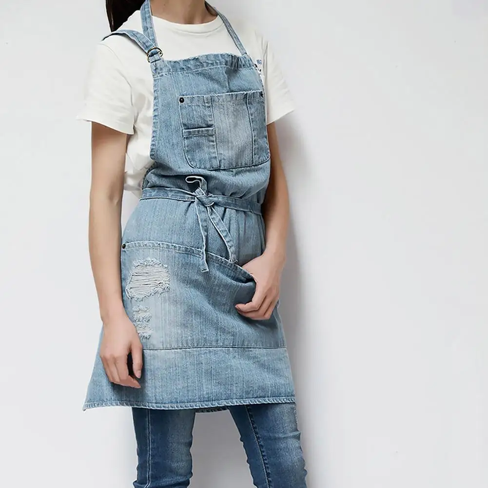 

Cotton Denim Apron Adult Baking Work Clothing With Adjustable Strap Fashionable Home Apron For Cafes Lounge Bars And Kitchens