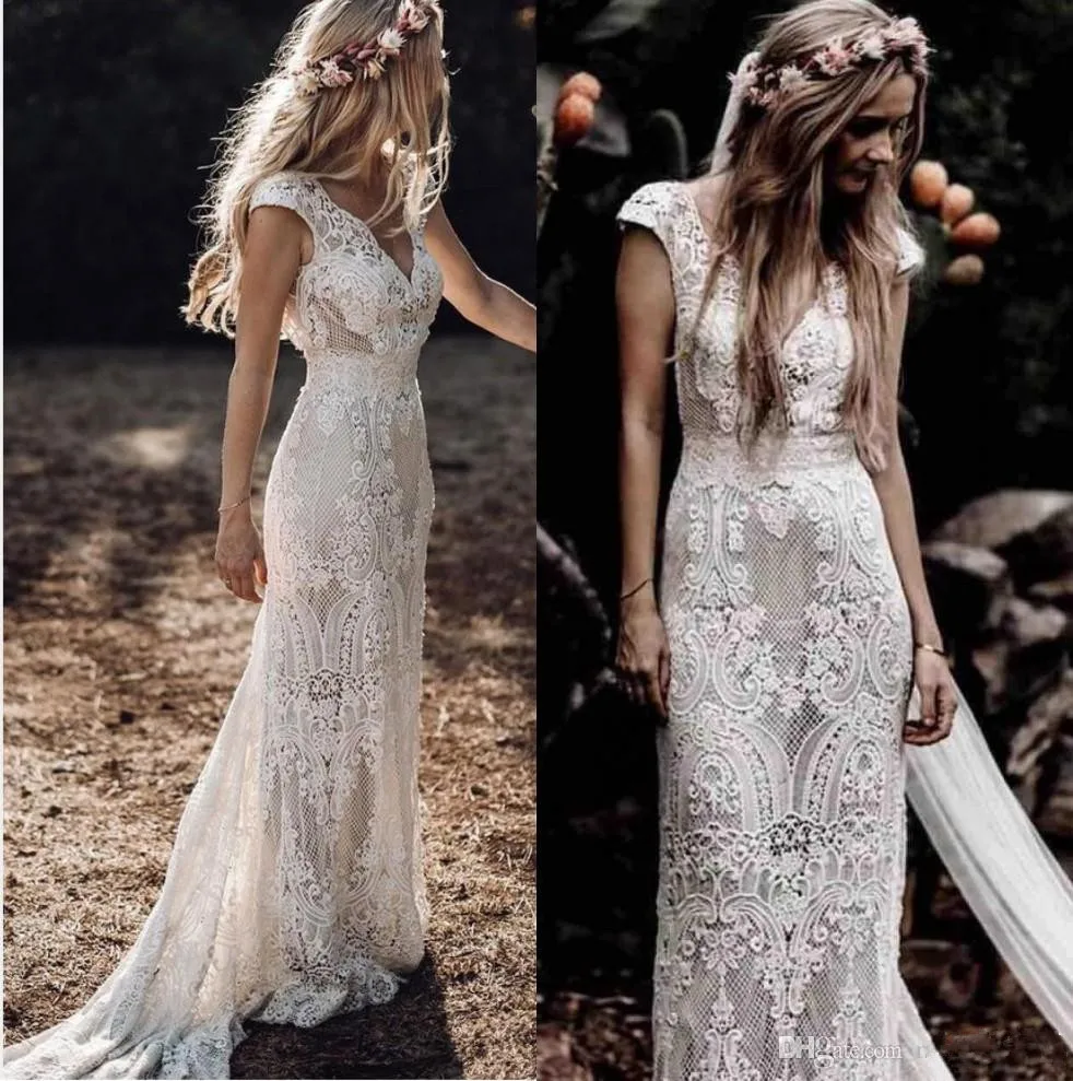 

2020 Lace Mermaid Bohemia Wedding Dresses Full Lace V Neck Sweep Train Country Wedding Bridal Gowns robes de mariée