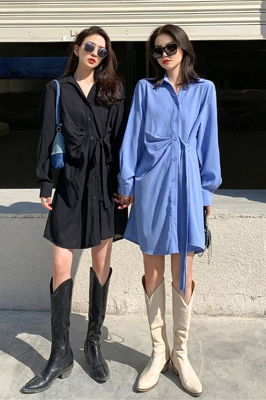 

Fashion Women 2021 Spring Summer Long Shirt Blouse Dress Female Full Sleeve Loose Lace-up Casual Mini Dress Vestidos DS296