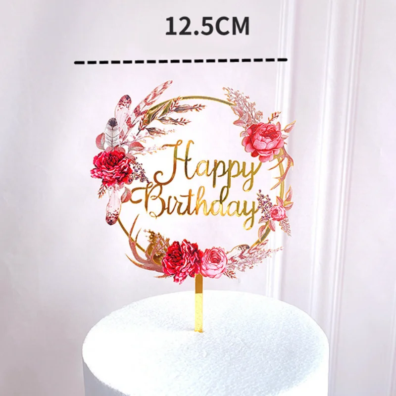 

New Color Flower Happy Birthday Cake Decoration Golden Acrylic Birthday Party Dessert Decoration Baking Supplies