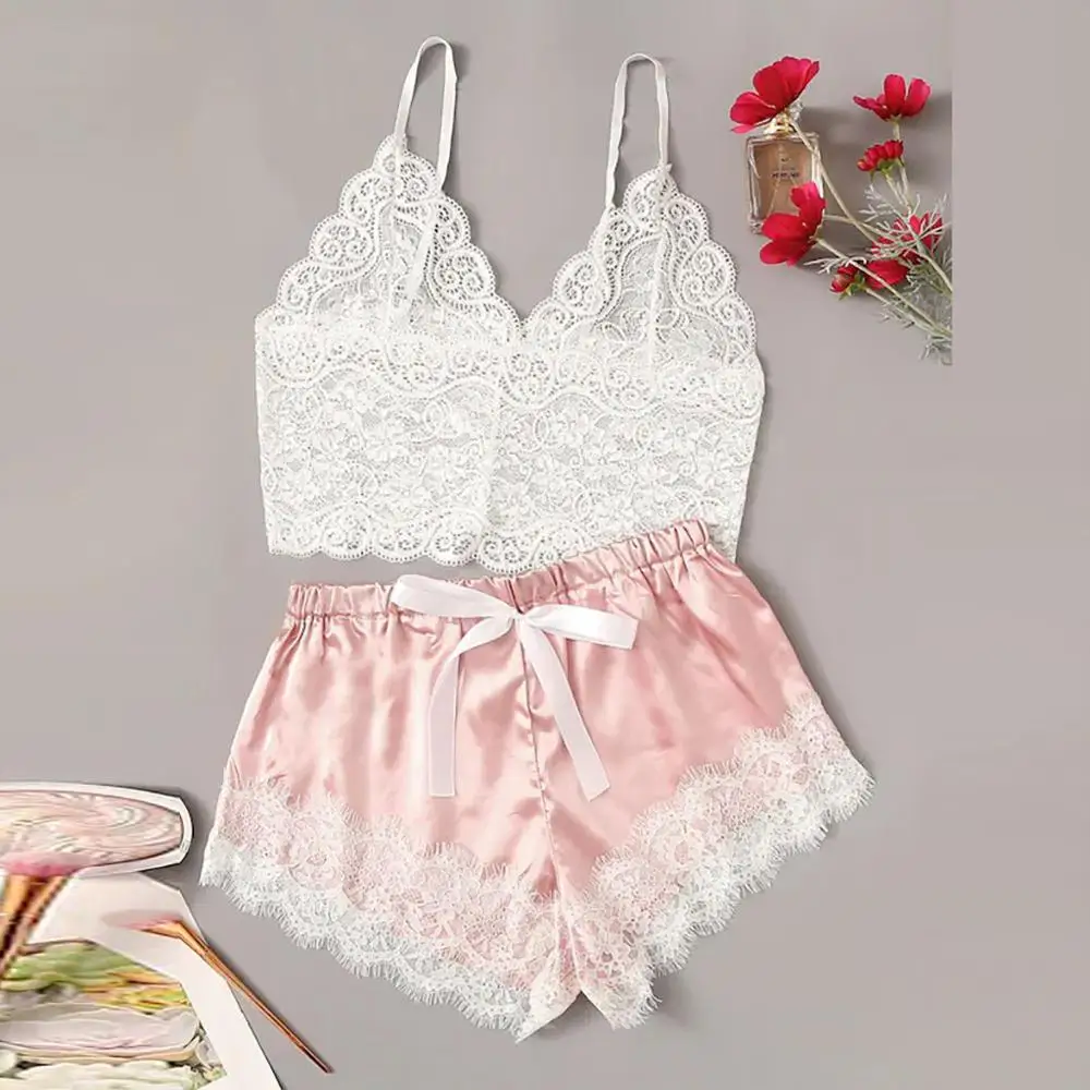 2pcs Womens Lace Pajama Set Sleeveless Crop Tops Elastic Bowknot Shorts Ladies Two Piece Solid Color Sleepwear Summer | Женская одежда
