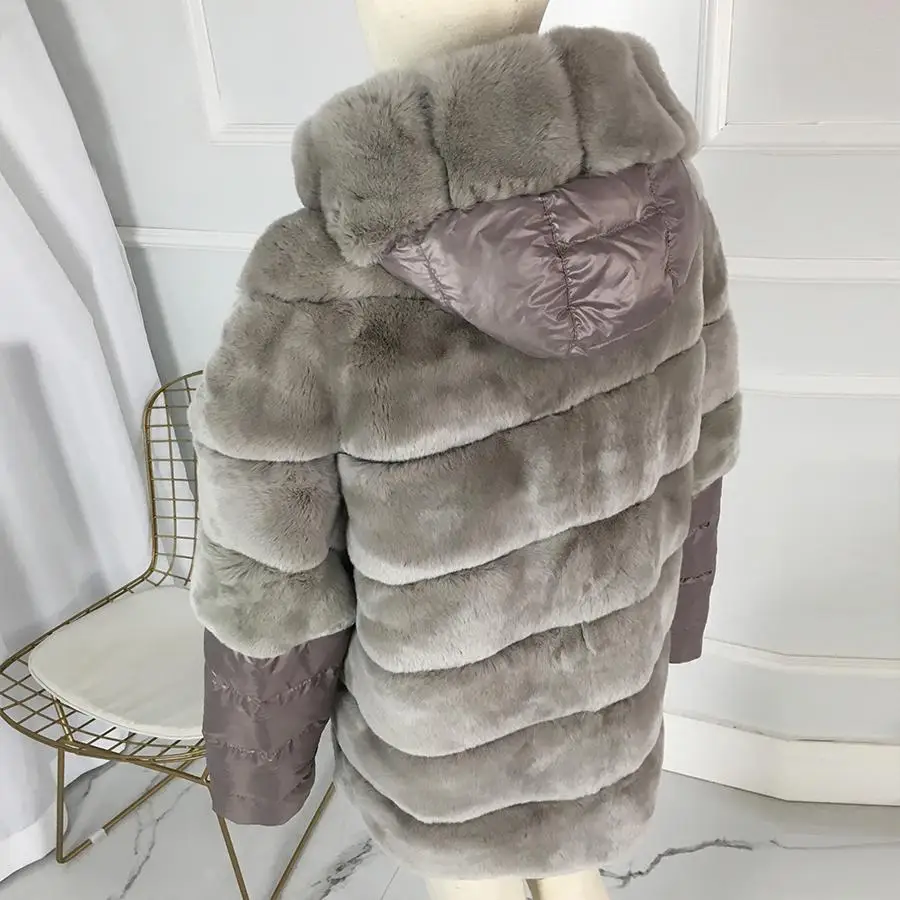 

Trendy Rex Rabbit Fur Coat Women Autumn Winter Warm Jacket With Detachable Down Sleeve