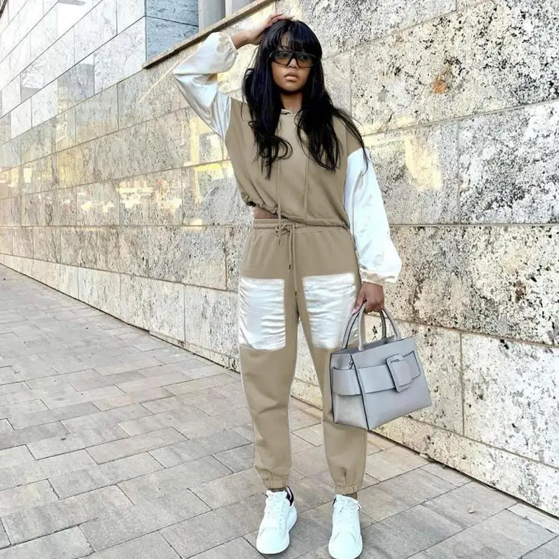 

Модная элегантная женская одежда, повседневный спортивный костюм, спортивная одежда в стиле пэчворк, толстовки с капюшоном, топы + штаны, ко...