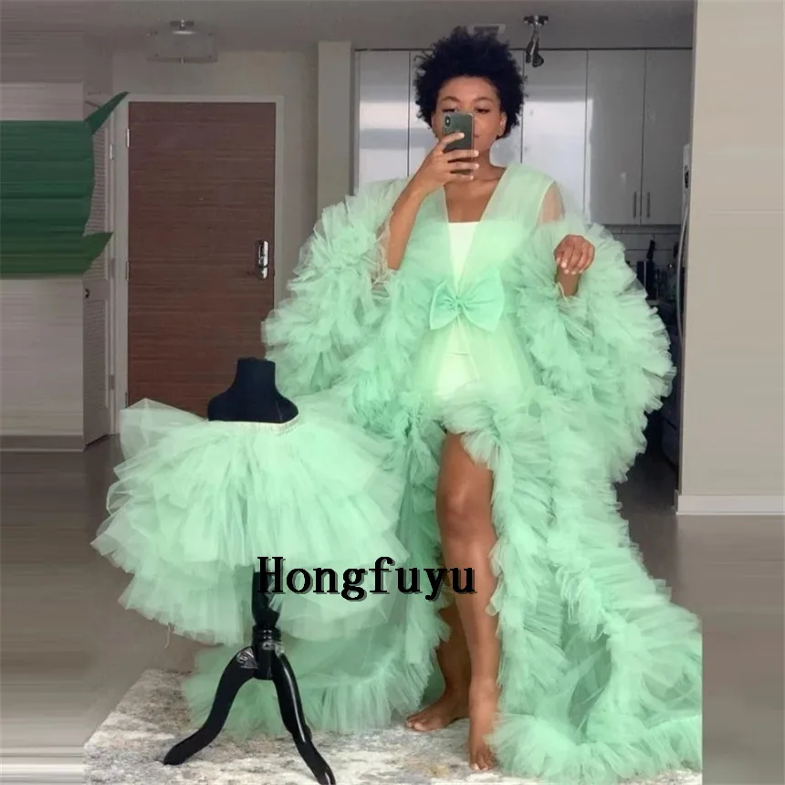 

Illusion Ruffles Tulle Long Prom Dresses 2021 Lush Puff Full Sleeves Kimono Pregnant Party Dress Prom Gowns