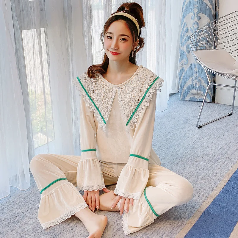 Sexy Pajamas Suit Ladies 2020 Latest Spring Autumn And Winter Gold Long-Sleeved Lace Coral Velvet Sweet Home Service | Женская одежда