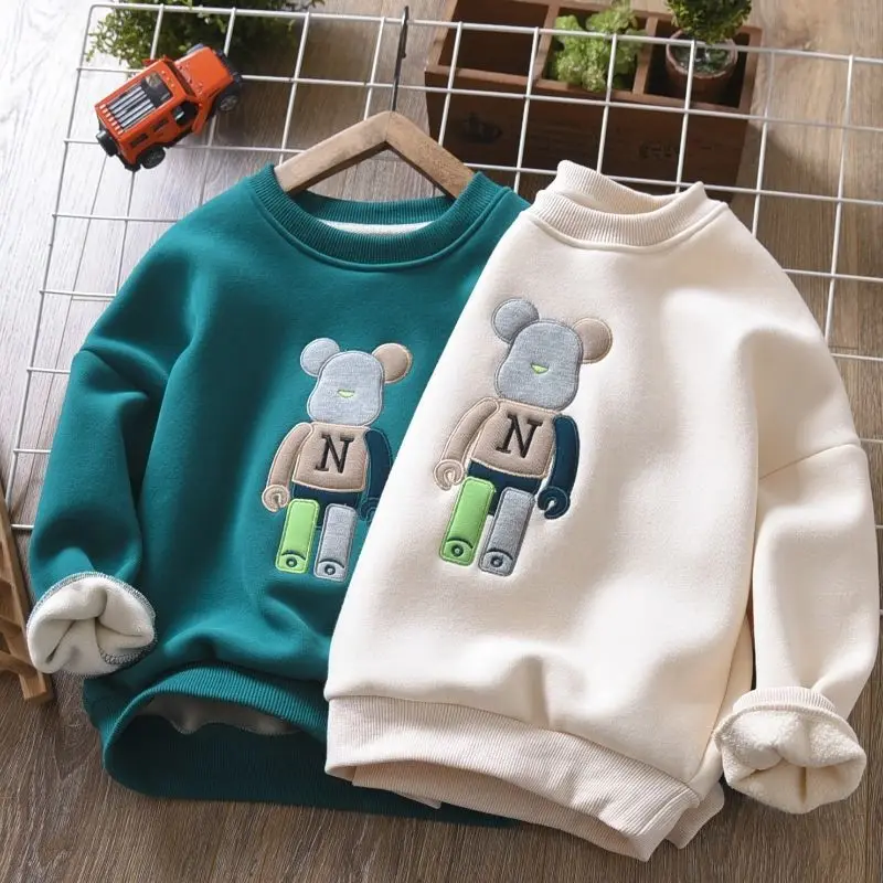 Sudadera con capucha de estilo exterior para ni&ntilde;os, camisa de una pieza con fondo y forro polar de Cachemira, novedad de invierno, 2022-0