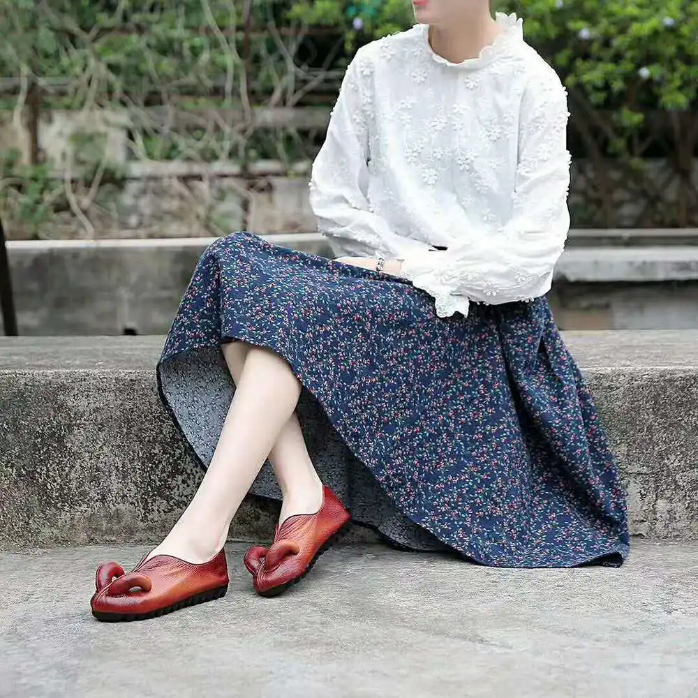 

Womens Round Toe Cow Horns 100% Genuine Leather Flats Oxfords Loafers Mother Retro Shoes Vintage Soft New 5Colors DIY 2021