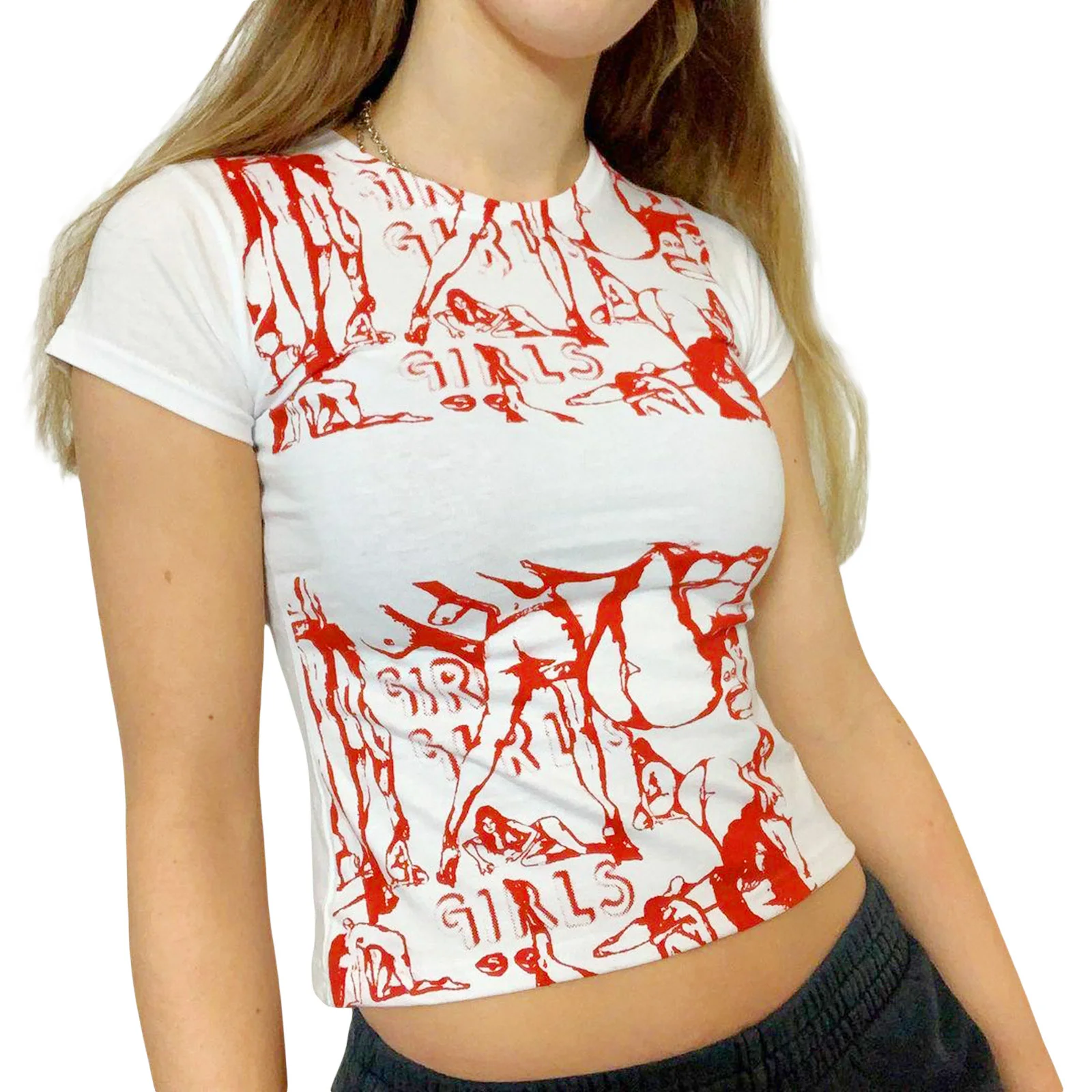

Sexy Summer Women Close-fitting T-shirt Polyester Printed Pattern Short Sleeve Round Collar Crop Tops S/ M/ L
