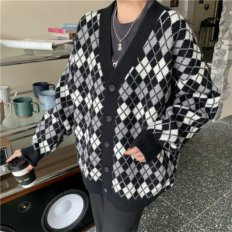 

School of New Winter Wind Hit Color Diamond V-neck Knitting Cardigan Sweater Female Students Wind Blazer Jacket