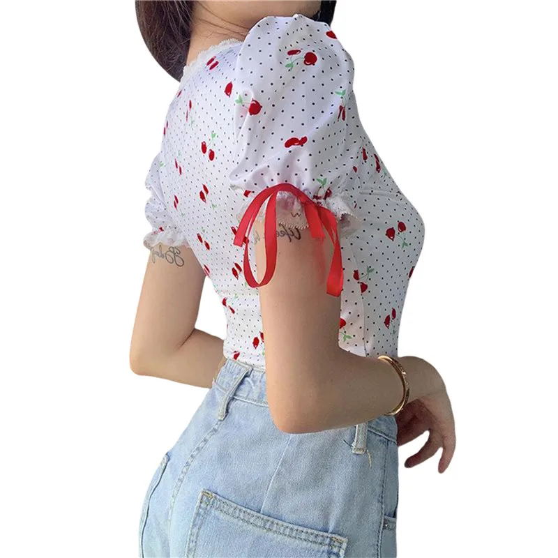 Women Summer Bodysuit Tops, Cherry Dot Print O-Neck Short Sleeves High Waist Playsuit with Crotch Button for Girls