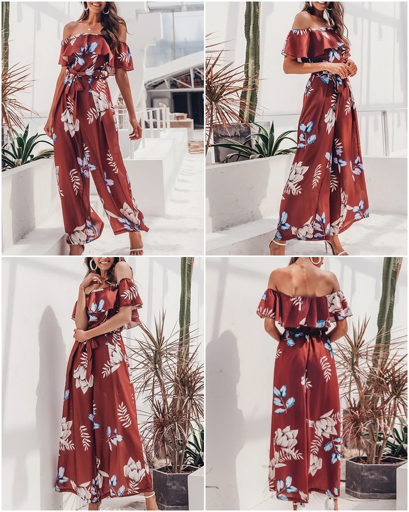 JaMerry, винтажный, богемный, цветочный принт, женский комбинезон, Boho, элегантный, с открытыми плечами, с поясом, длинный комбинезон, летний, пляжный, с оборками, комбинезон