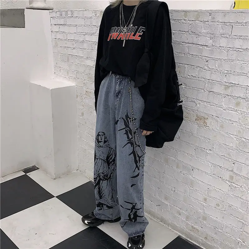 

Korean version of ins Harajuku style street hip-hop print retro washed jeans loose men and women wide-legged daddy pants trend