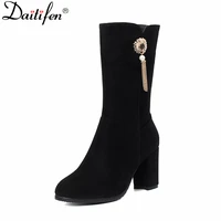 daitifen knees high boots ladies fashion leather velvet womens boots round toe metal fasteners winter boots thick high heels