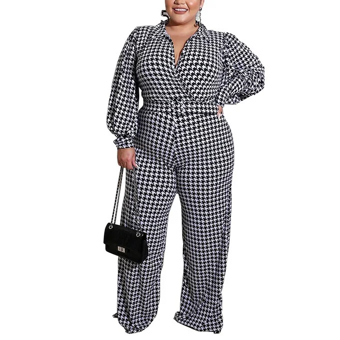 4xl 5xl Plus Size Houndstooth Jumpsuits Long Turn Down Collar Full Sleeve High Waist Elegant For Evening Party Night Rompers New