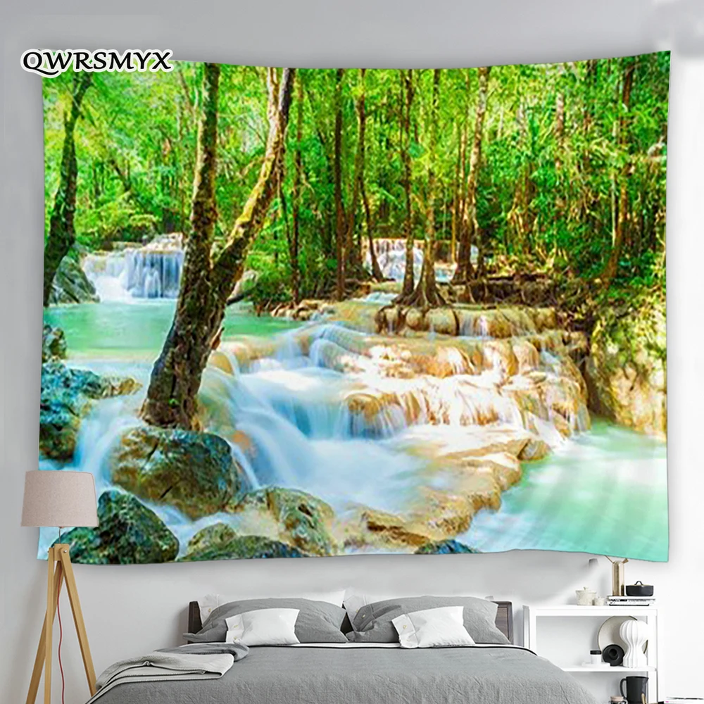 

Psychedelic Green Forest Waterfall Scenery Tapestry Wall Hangings Landscape Decoration For Bedroom Room Decor Aesthetic Wall