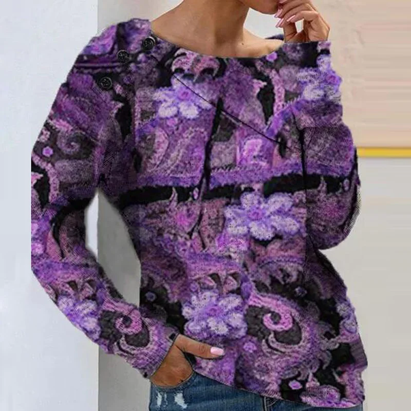 

3XL Autumn Vintage Flower Print Blouses Shirts Spring Women Loose O Neck Pullover Tops 2021 Casual Long Sleeve Blusas Streetwear