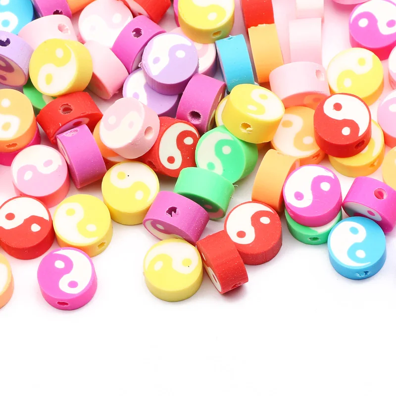 

50 шт., разноцветные Круглые бусины из полимерной глины Инь Янь