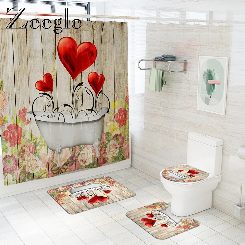 

3d-занавеска для душа в форме сердца с набором ковриков для ванны, абсорбирующий напольный коврик для ванной комнаты, коврик для туалета из м...