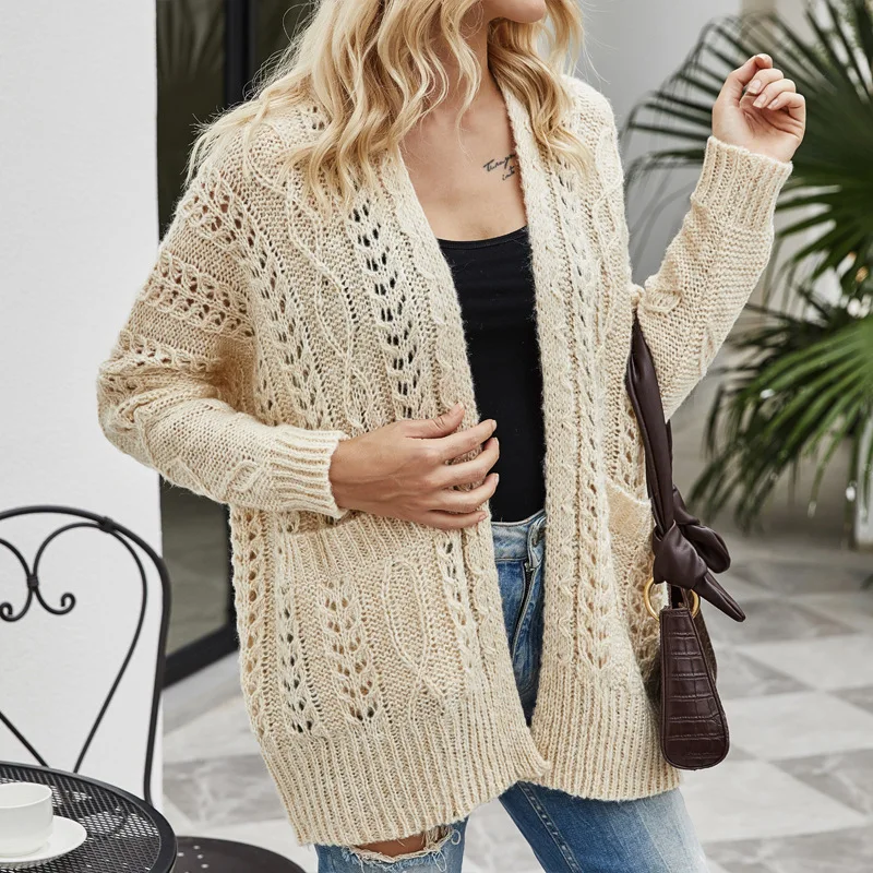 

Beige Retro Style Cardigan Jacket New Autumn Loose Top Women Solid Color Bat Sleeve Knitted Cardigan Ladies Sweater Coat