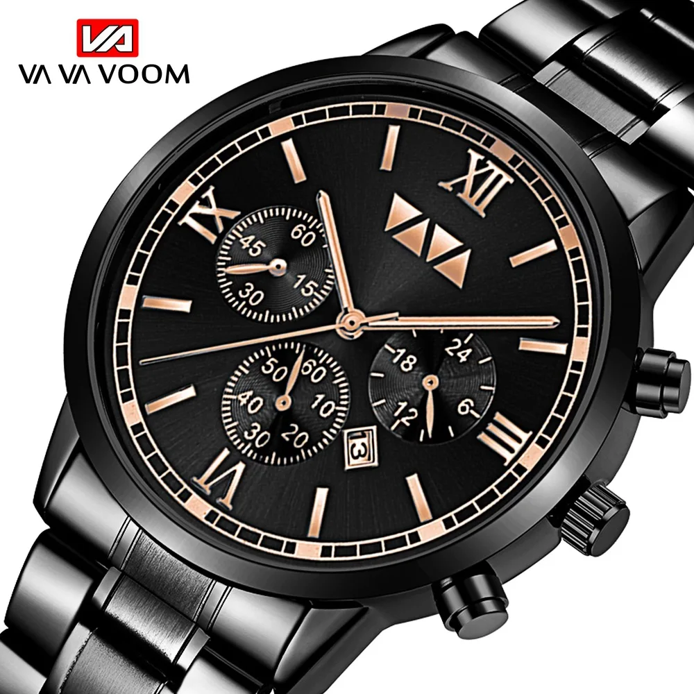 

VA VA VOOM Brand Men's Big Dial Fashion Stainless Steel Watch Business Casual Calendar Quartz Watch Waterproof Watches 2020
