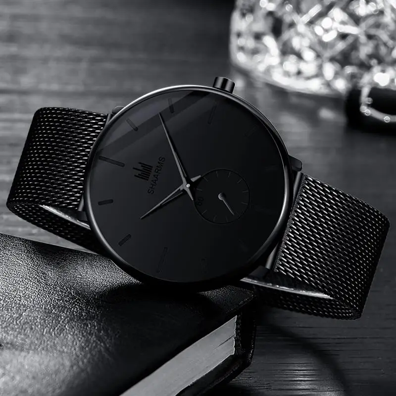 Мужские наручные часы SHAARMS черные кварцевые из нержавеющей стали модные деловые