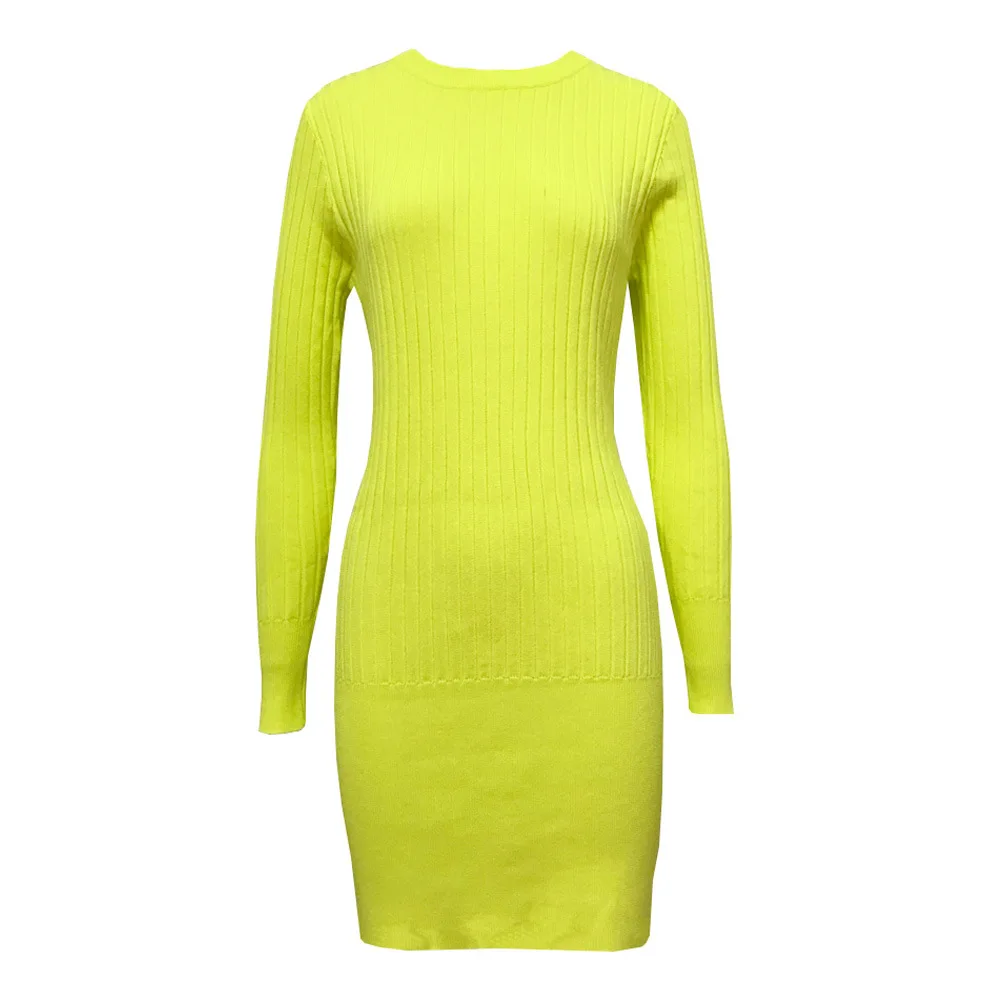 

SWEETKAMAEurope And The United States Autumn New Long-Sleeved Explosions Knitted Sweater Fluorescent Hip Dress