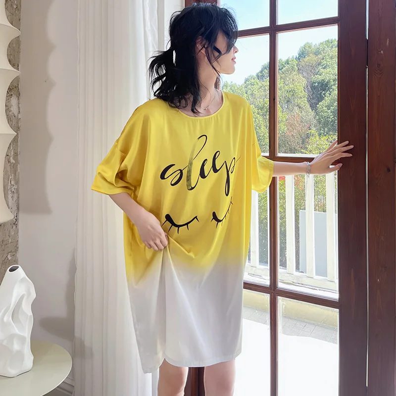 

Satin Silk Night Dress Women Sleepwear Sexy Sleepdress Round Neck Loose Nightgown Cartoon Printed Large Size Night Wear Homewear