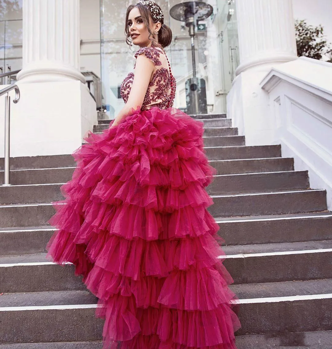 

Latest Puffy Prom Dresses Long High Neck Illusion Bodice Tiered Appliques Beads Tiered Long Formal Celebrity Party Gowns Evening