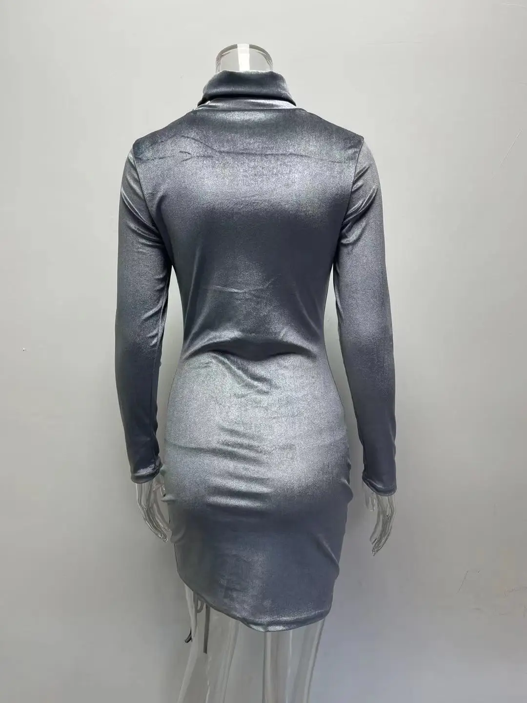 

2021 Spring Autumn Fashion Suede Drawstring Half High Collar Dress Women Fashion Long Sleeve Hip Solid Color Above Knee dress