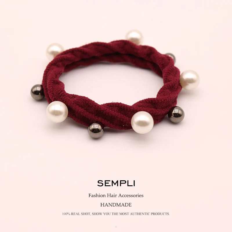 Wine Red Sempli 10 Цвета нейлон Эластичный женские обручи для девочек высокое качество жемчуг резинки СПЛАВ украшение для волос с бусинами, обтянутая тканью; - Цвет: Wine Red