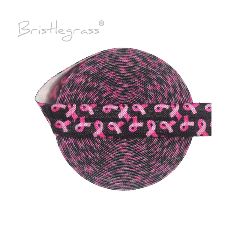BRISTLEGRASS 100 Yard by Roll 5/8&quot 15mm Pink Breast Cancer Awareness Print FOE Fold Over Elastic Spandex Satin Band Dress Sewing |