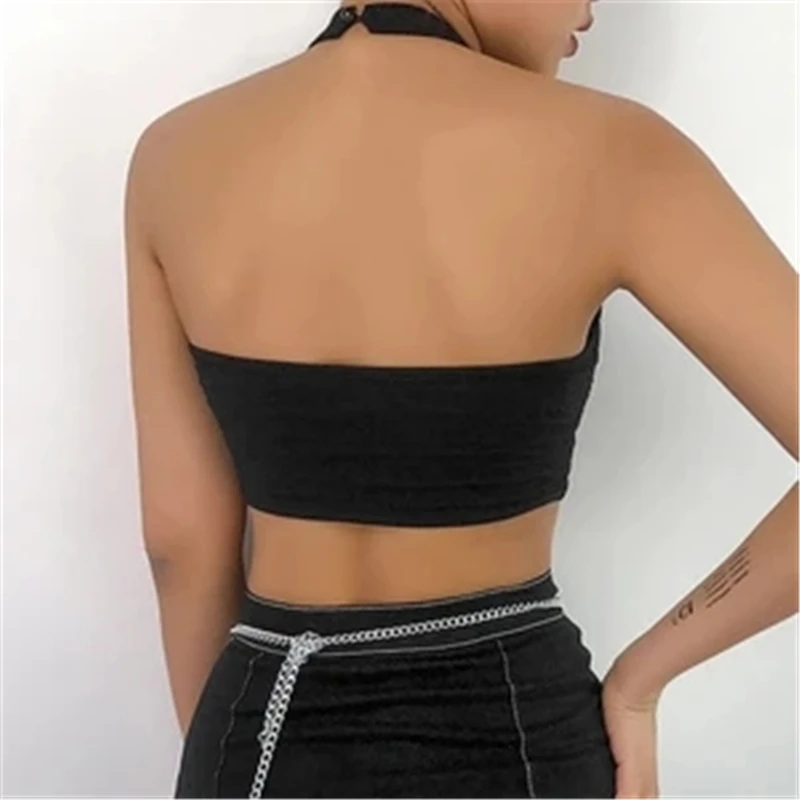 

Mesh Fishnet Crop Top Women See Through Summer Female Clothes Backless Streetwear Gothic Hollow Out Sexy Black Halter Tank Top