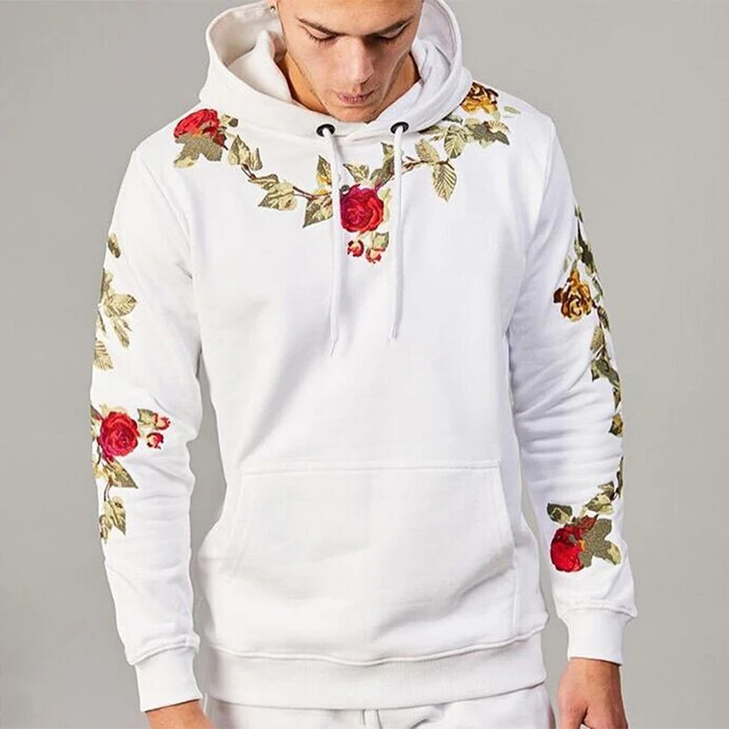 Толстовка мужская Винтажная с цветочной вышивкой Модный пуловер капюшоном на