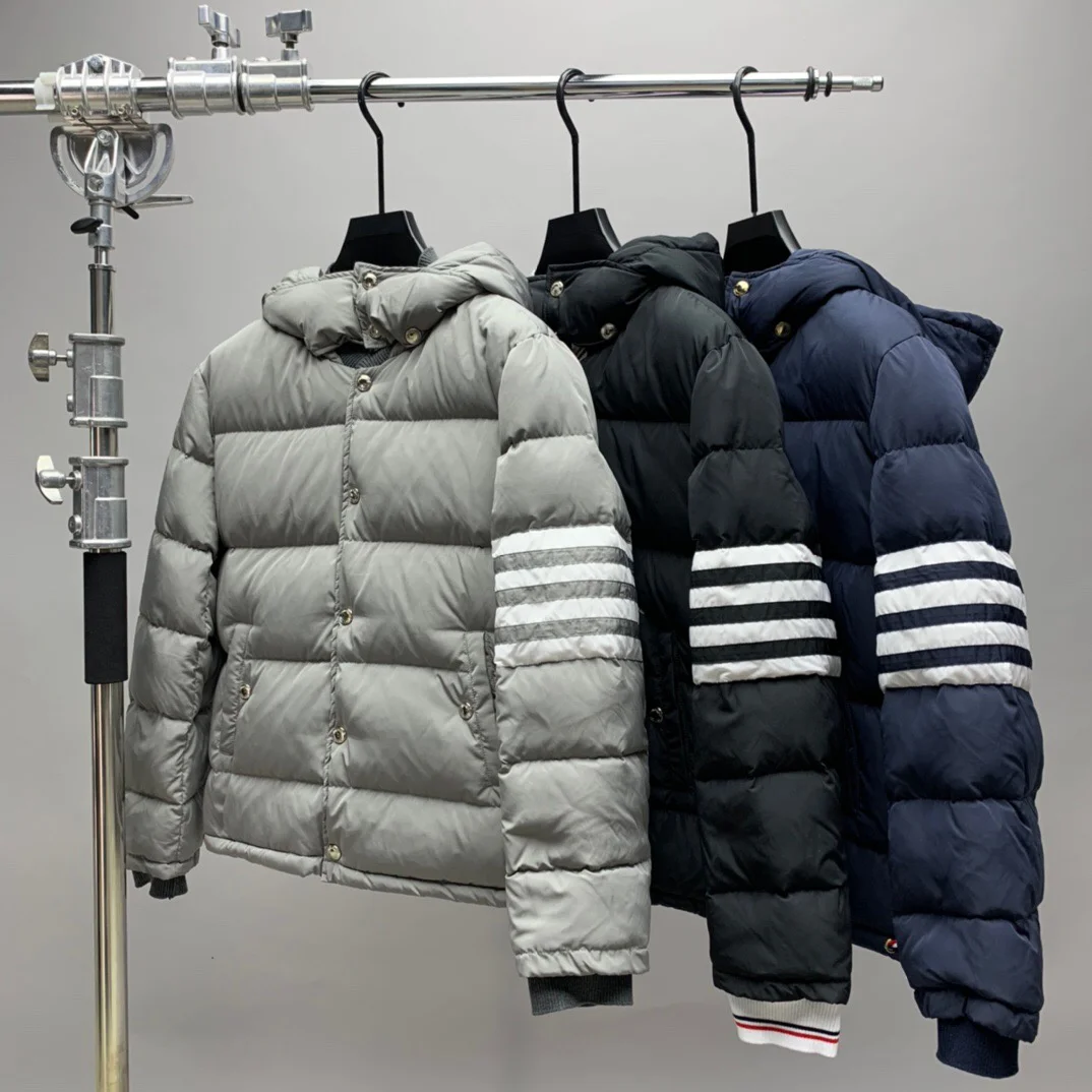 

Fashion 2021 TB Brand Men Down Coats Slim Fit Hooded Short Down Jacket Striped Solid Thick Casual Autumn Winter Clothing