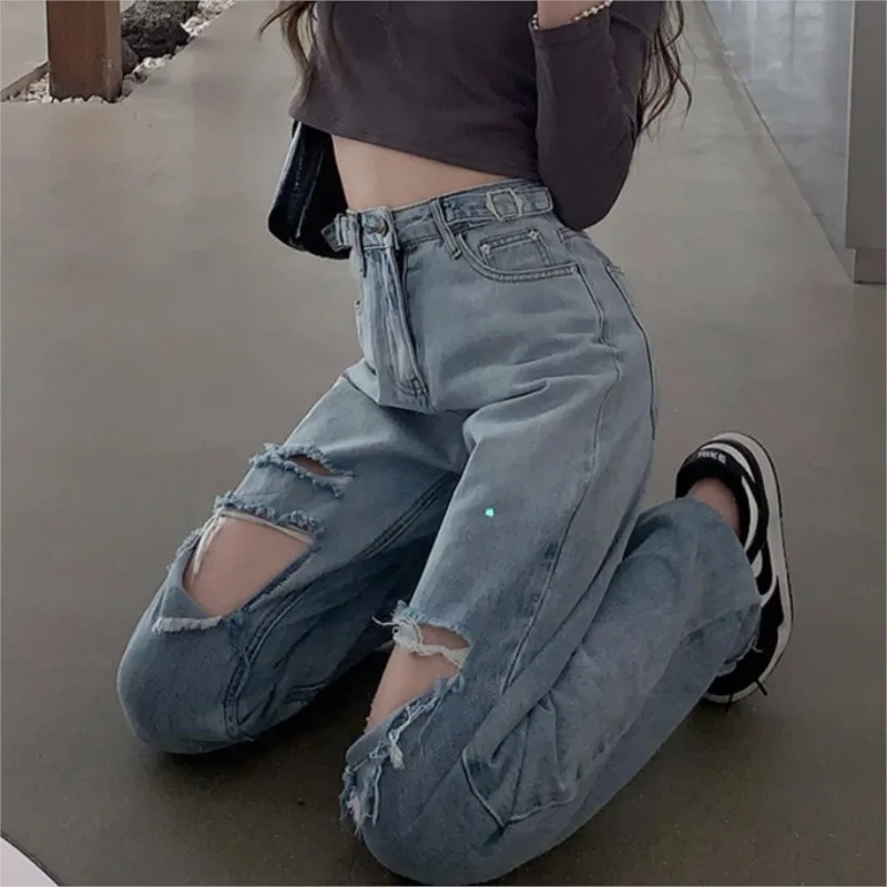 

Jeans Women Autumn Ripped Hole Trendy All-match Basic Daily College Teens Streetwear Loose Chic Denim Clothing New Arrival Retro