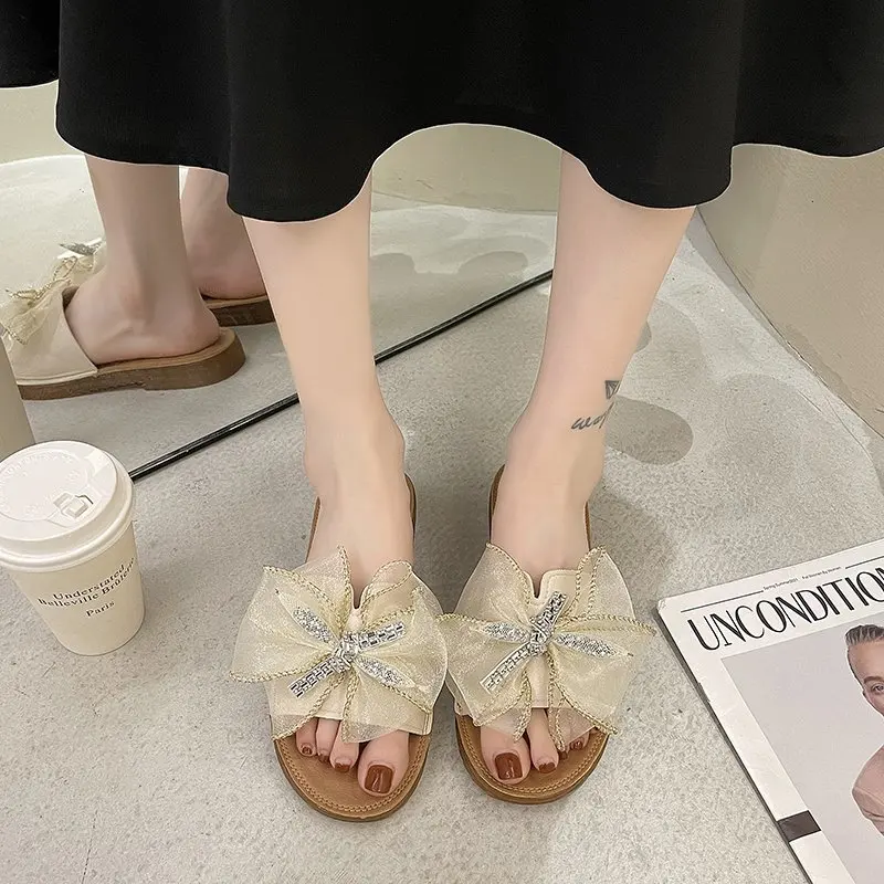 

Butterfly-Knot Slippers Women Summer Slides Fashion Female Shoes Low Rubber Luxury 2021 Beach Flat Basic Butterfly-knot PU