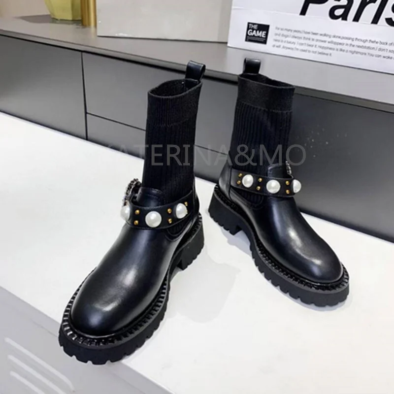 

KATERINA&MO Brand Genuine Leather Sock Boots Round Toe Metal Buckle Ankle Boots Woman Pearl Decoration Knee-length Long Boots