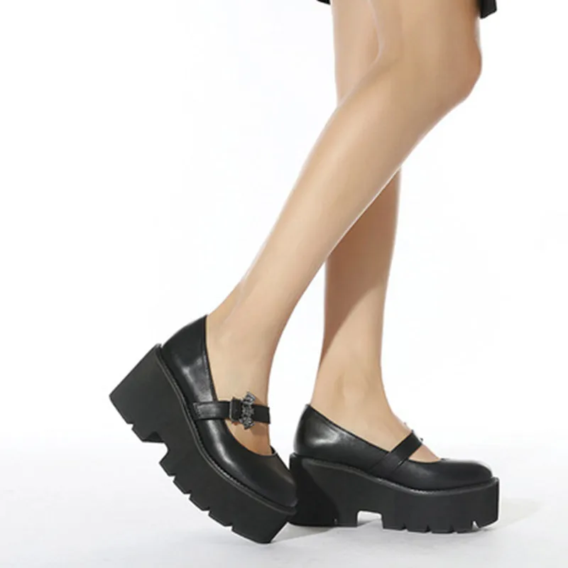 

Pu Leather Shoes Solid Platform Shallow Women Gothic Boots Casual Buckle Thick Heel Round Toe Pumps Female Pu Leather Boots