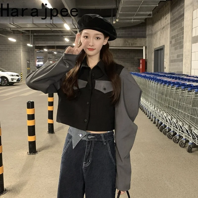 

Женское короткое пальто Harajpee в стиле инструментов, женский короткий топ с отложным воротником и длинными рукавами, Новинка осени 2021, контра...