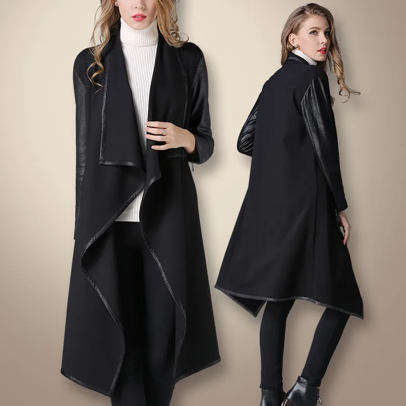 

polyester spliced PU fabrics women fashion overcoat mid long irregular big turn-down collar open stitch KRA style S-3XL