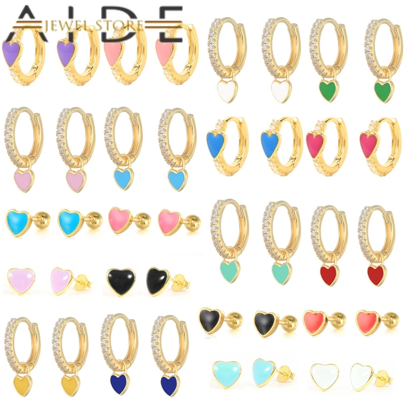 

Aide S25 Sterling Silver Piercing Earring Cute Colorful Enamel Love Heart Zircon Stud Earrings For Women Wedding Fine Jewelry