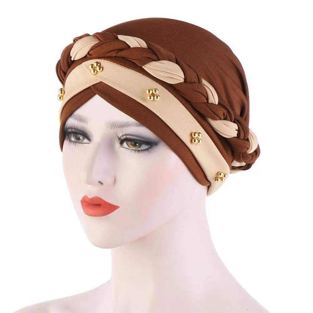 

Women Twisted Braid Turban Hat Hijab Cap Beading Hair Loss Head Cover Headwear Headdress Hair Styling Accessory Muslim scarf